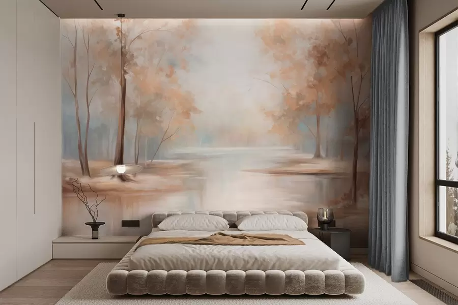 wall murals Autumn textured landscape with trees and a river, soft colors, light and airy atmosphere, peaceful and tranquil scene w09541