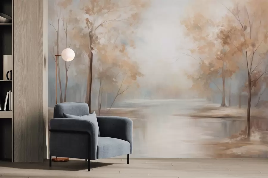wall murals Autumn textured landscape with trees and a river, soft colors, light and airy atmosphere, peaceful and tranquil scene w09541