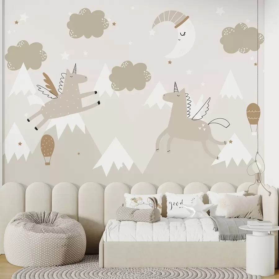 wall murals Sleeping Moon, unicorns and balloons w04886