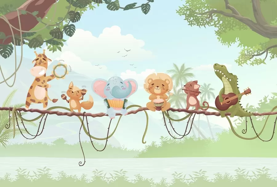wall murals Animals with musical instruments against a tropical landscape w04505