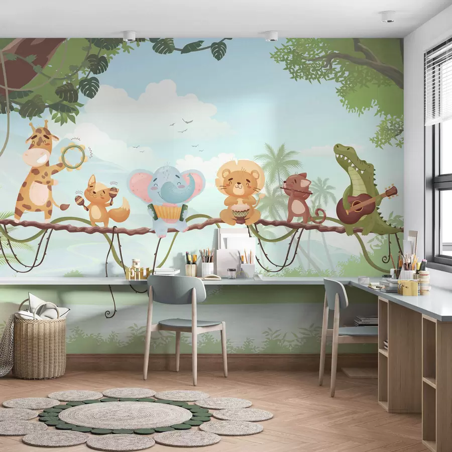 wall murals Animals with musical instruments against a tropical landscape w04505