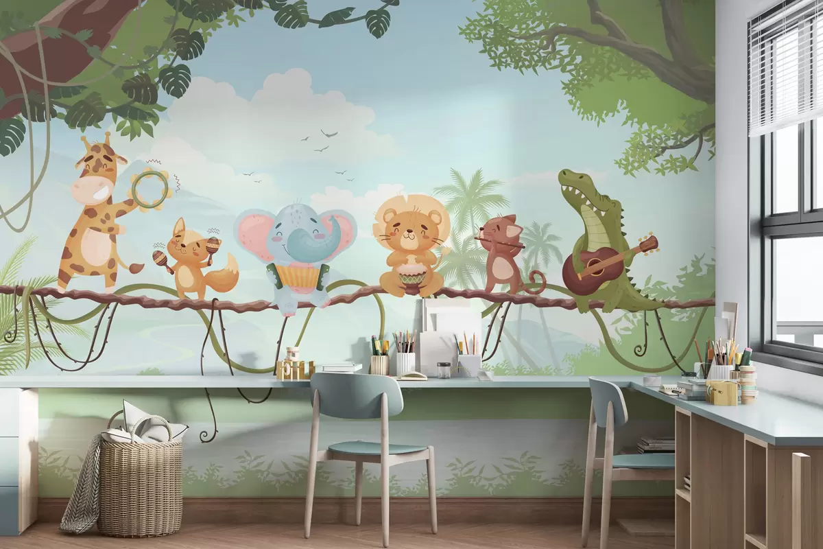 wall murals Animals with musical instruments against a tropical landscape w04505