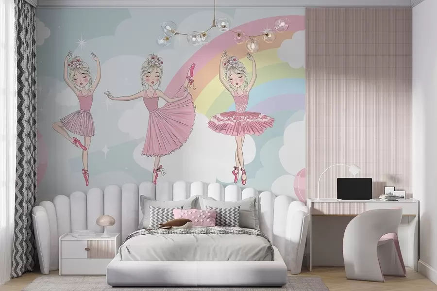 wall murals Princesses against the backdrop of the sky and rainbow w04907