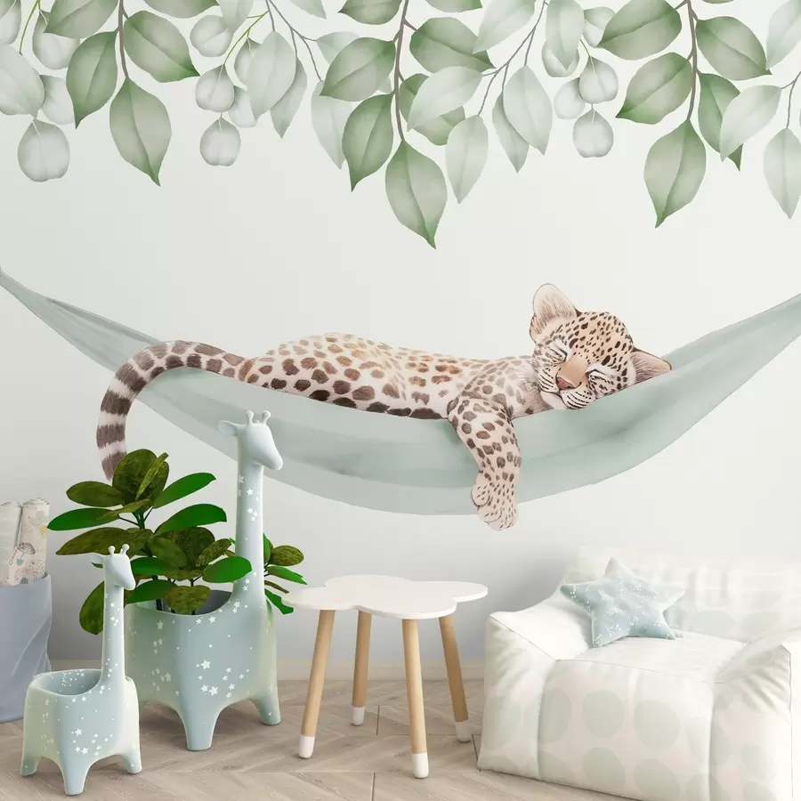 wall murals Leopard sleeping in a hammock w04881