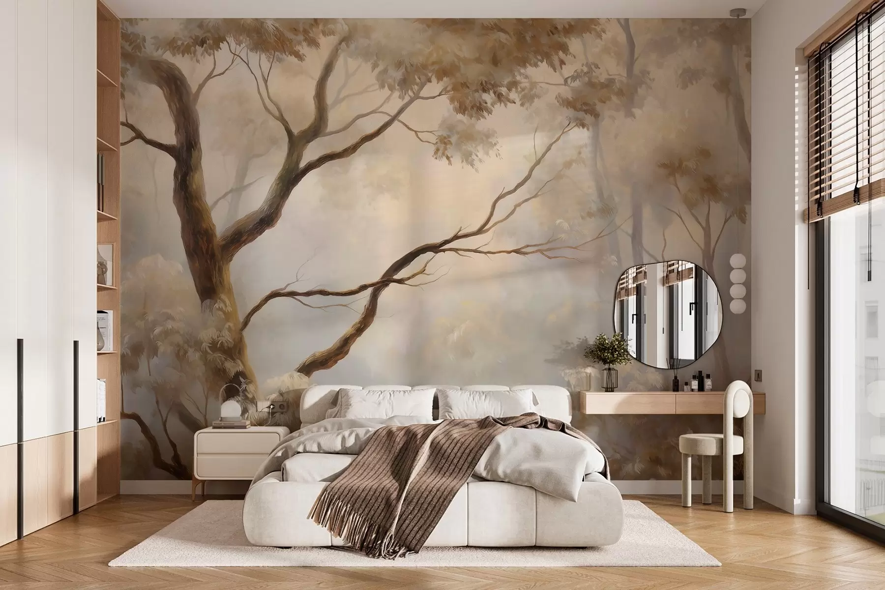 wall murals The forest in the light morning mist. A delicate atmospheric painting in the style of an artistic landscape w04817