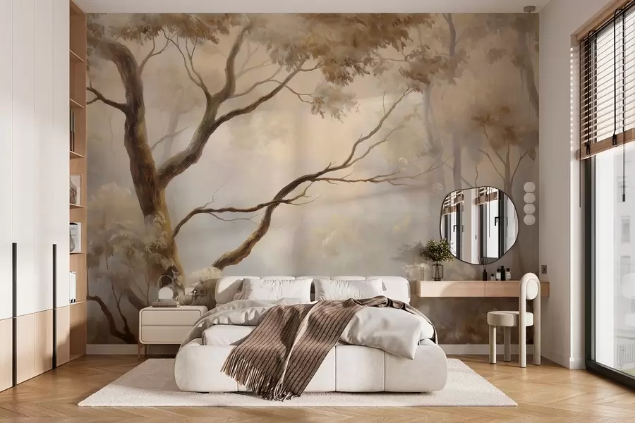 wall murals The forest in the light morning mist. A delicate atmospheric painting in the style of an artistic landscape. w04817