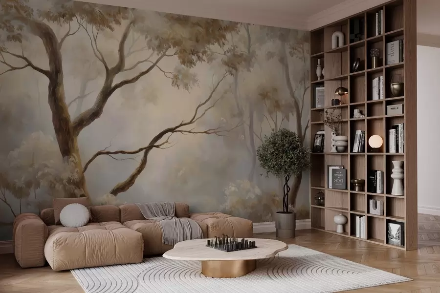 wall murals The forest in the light morning mist. A delicate atmospheric painting in the style of an artistic landscape w04817