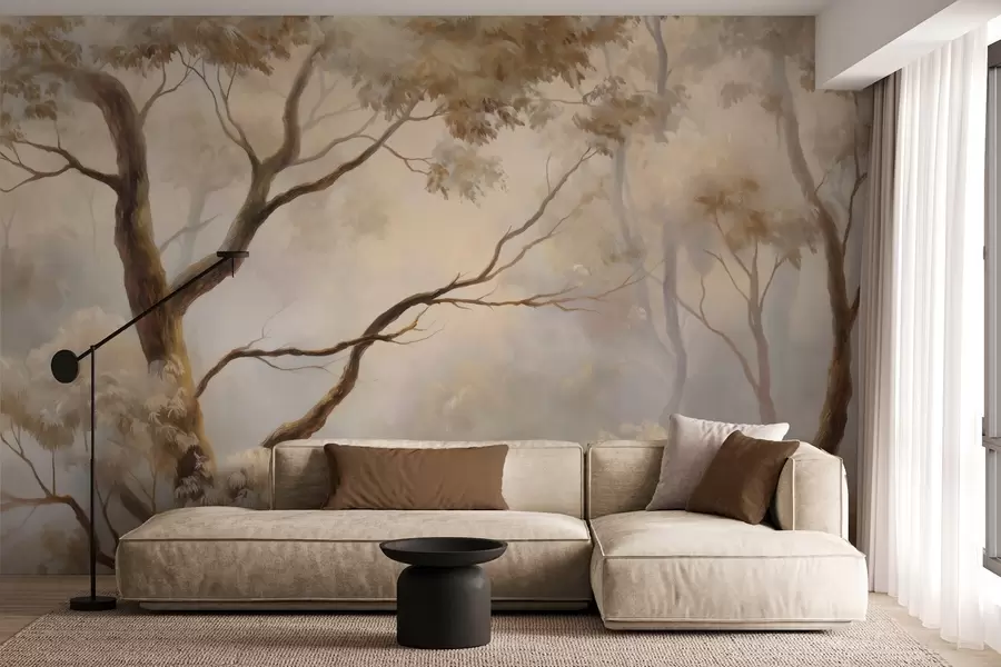 wall murals The forest in the light morning mist. A delicate atmospheric painting in the style of an artistic landscape w04817
