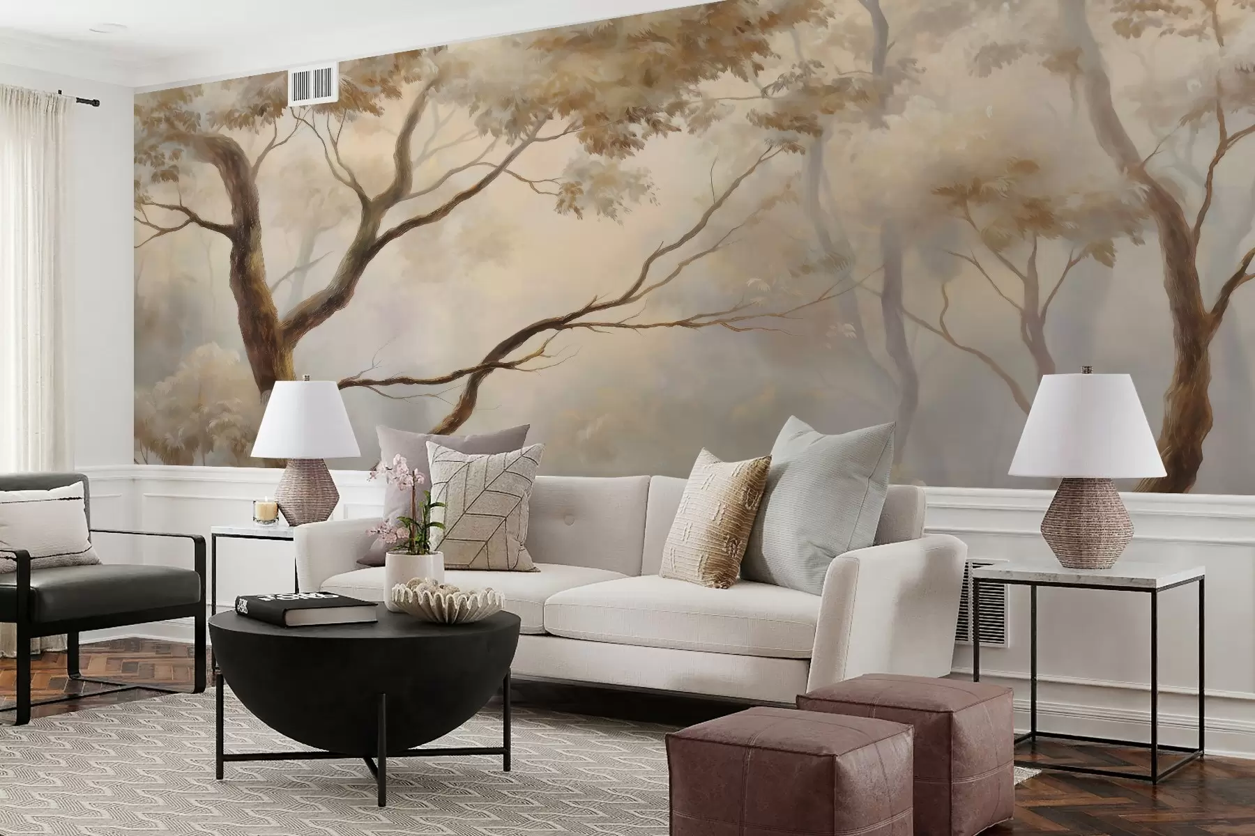 wall murals The forest in the light morning mist. A delicate atmospheric painting in the style of an artistic landscape w04817