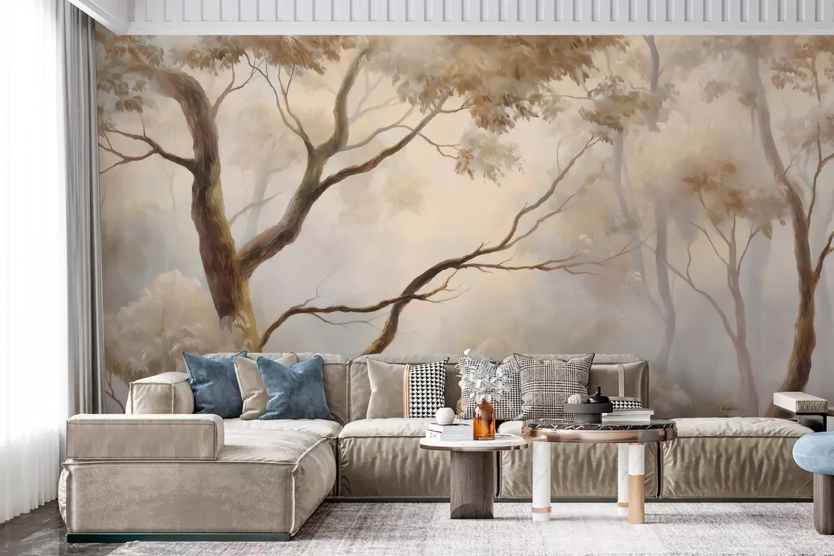 wall murals The forest in the light morning mist. A delicate atmospheric painting in the style of an artistic landscape. w04817