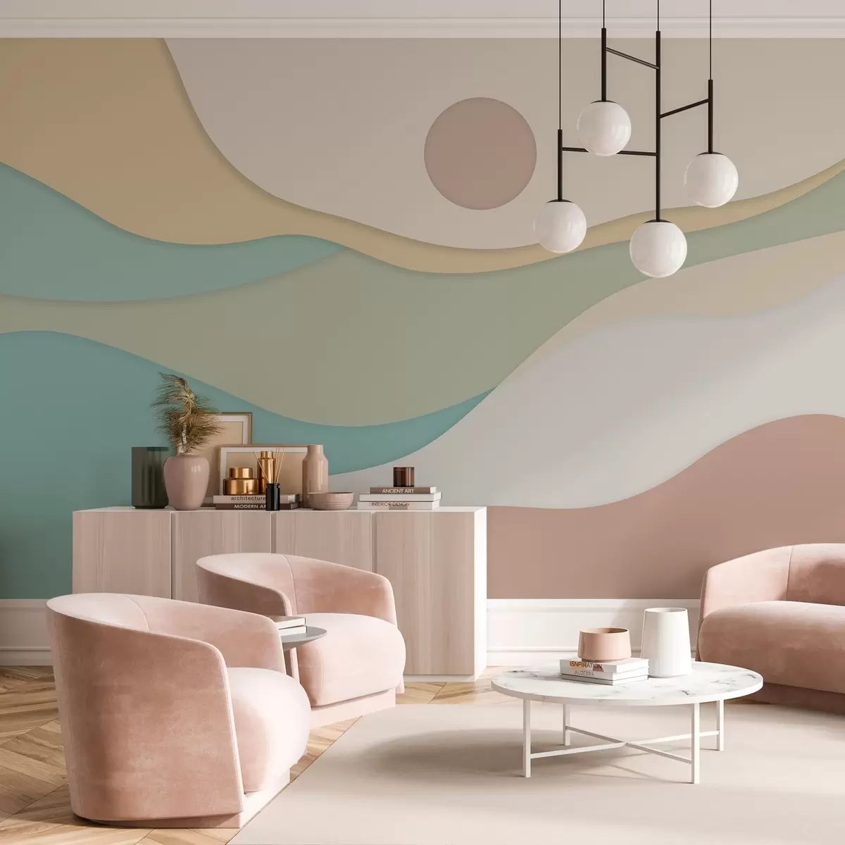 wall murals Minimalist abstraction with soft, wave-like forms reminiscent of flowing landscapes and dunes. w04874
