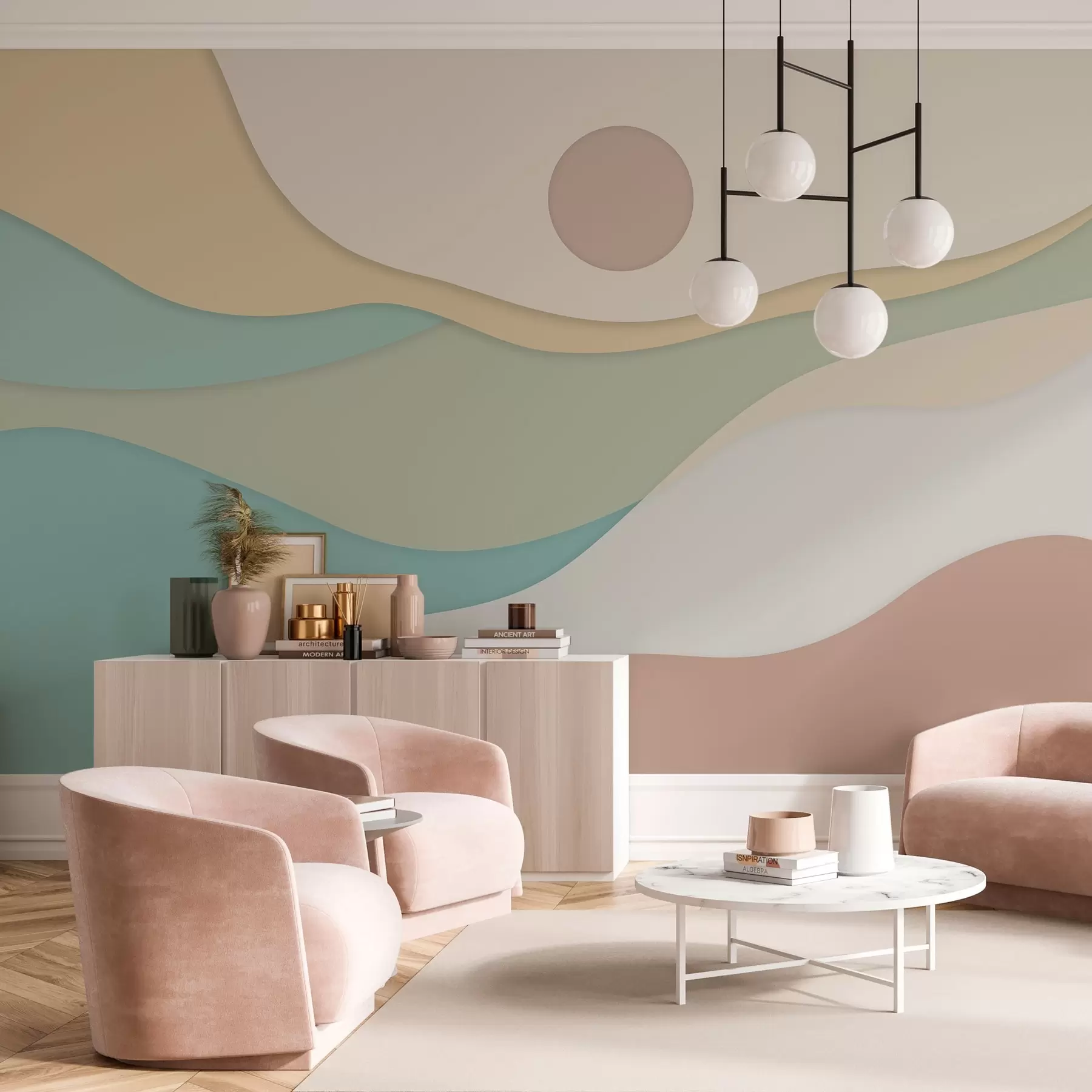 wall murals Minimalist abstraction with soft, wave-like forms reminiscent of flowing landscapes and dunes. w04874