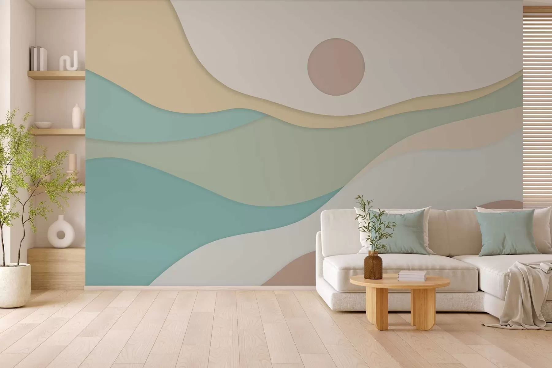 wall murals Minimalist abstraction with soft, wave-like forms reminiscent of flowing landscapes and dunes w04874