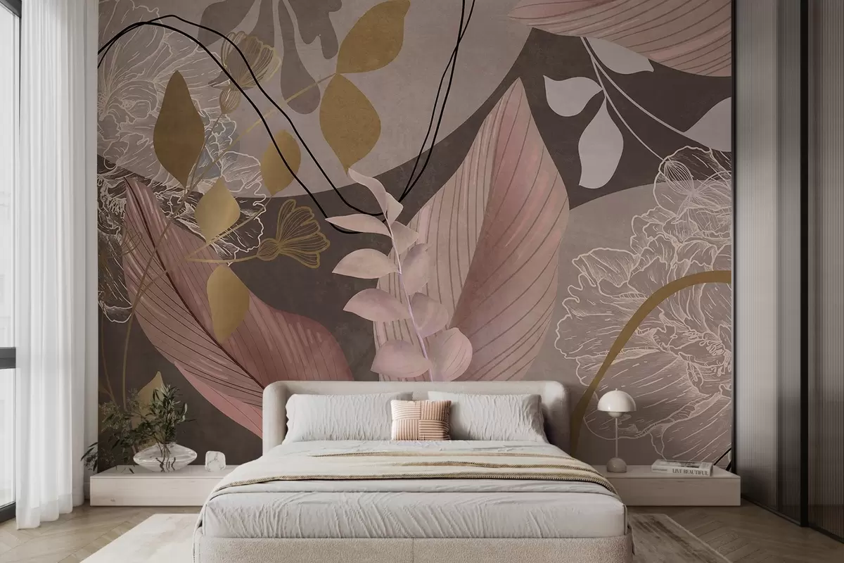wall murals Abstract floral print with large leaves in shades of muted pink and brown with thin black lines and white floral outlines w09544