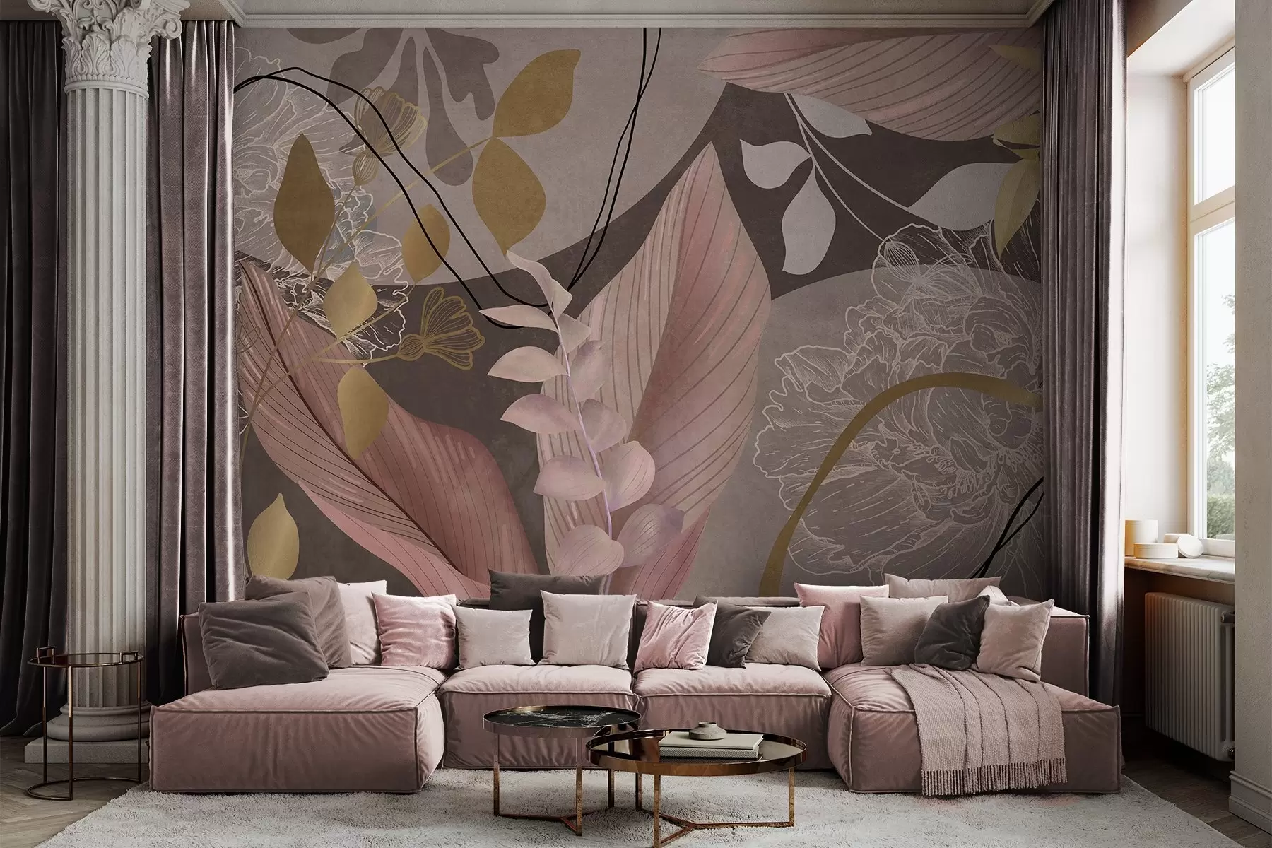 wall murals Abstract floral print with large leaves in shades of muted pink and brown with thin black lines and white floral outlines w09544