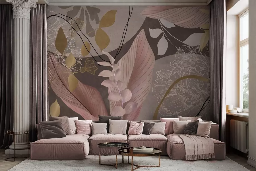 wall murals Abstract floral print with large leaves in shades of muted pink and brown with thin black lines and white floral outlines w09544