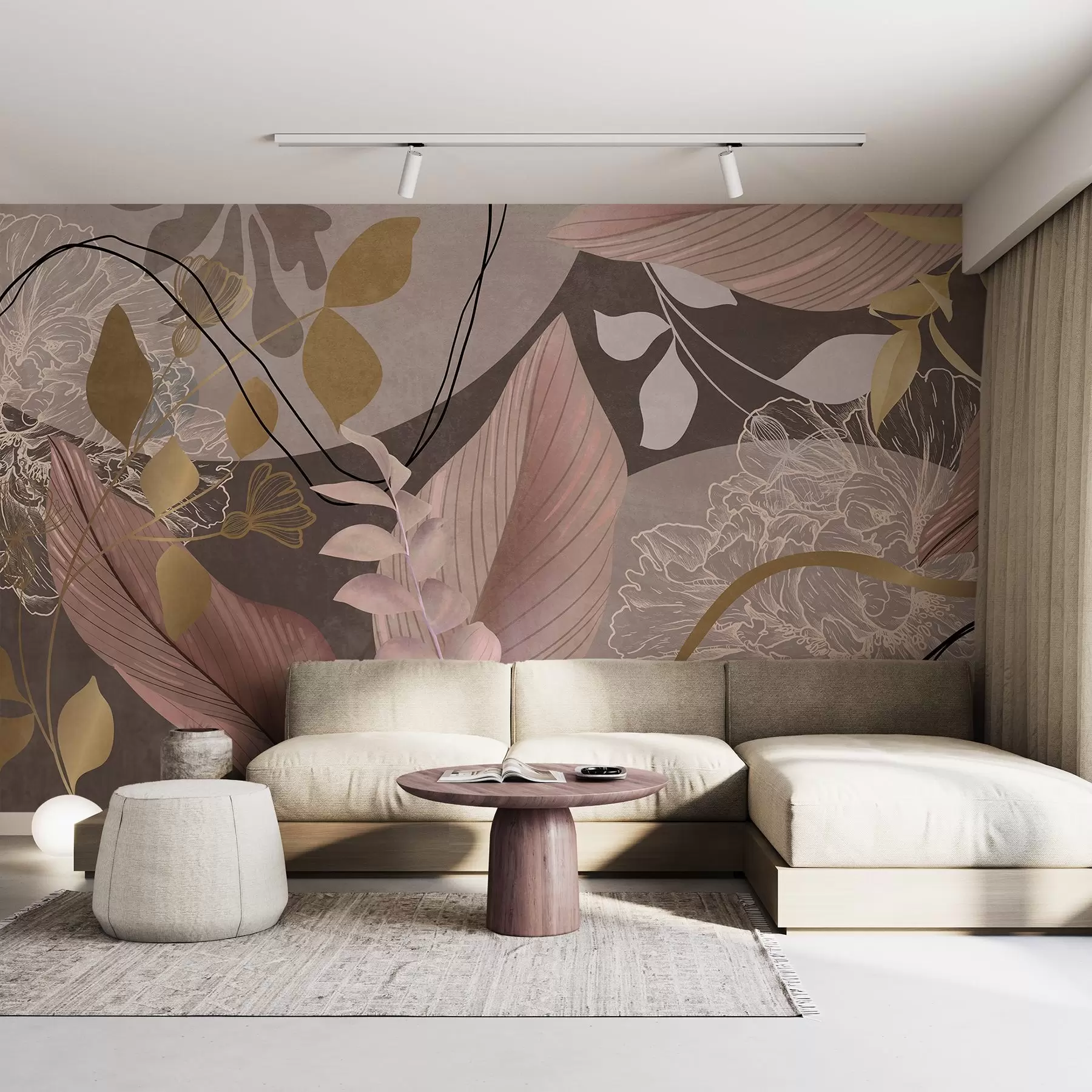 wall murals Abstract floral print with large leaves in shades of muted pink and brown with thin black lines and white floral outlines w09544