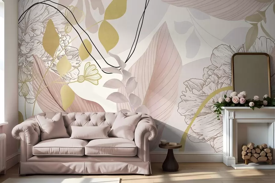 wall murals Abstract floral print with large leaves in shades of muted pink, yellow with thin black lines and white floral outlines w09544v1