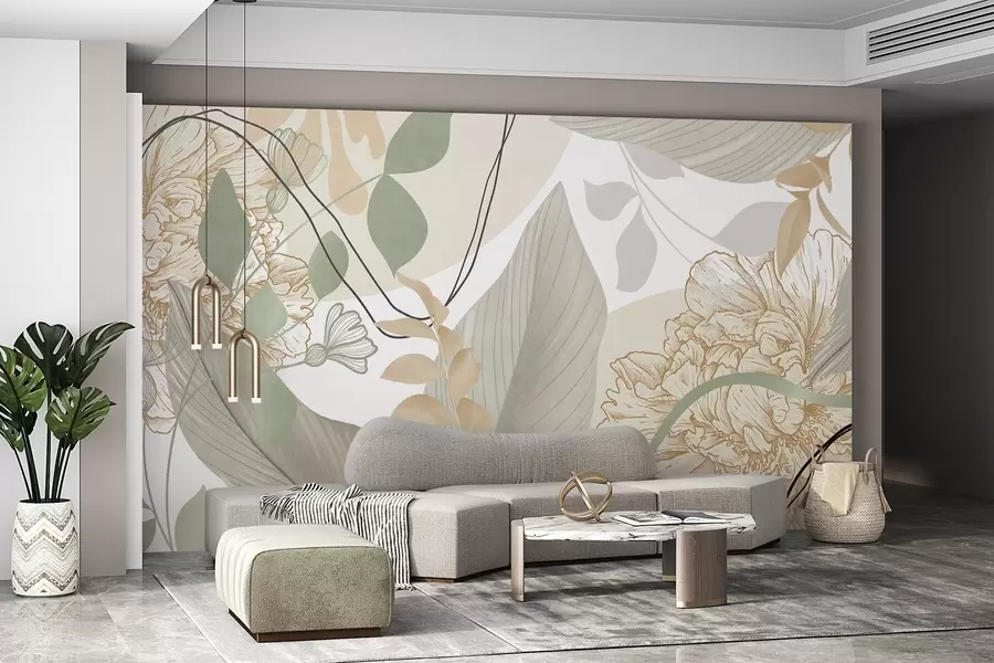 wall murals Abstract floral print with large leaves in shades of muted green and yellow with thin black lines and white floral outlines w09544v2