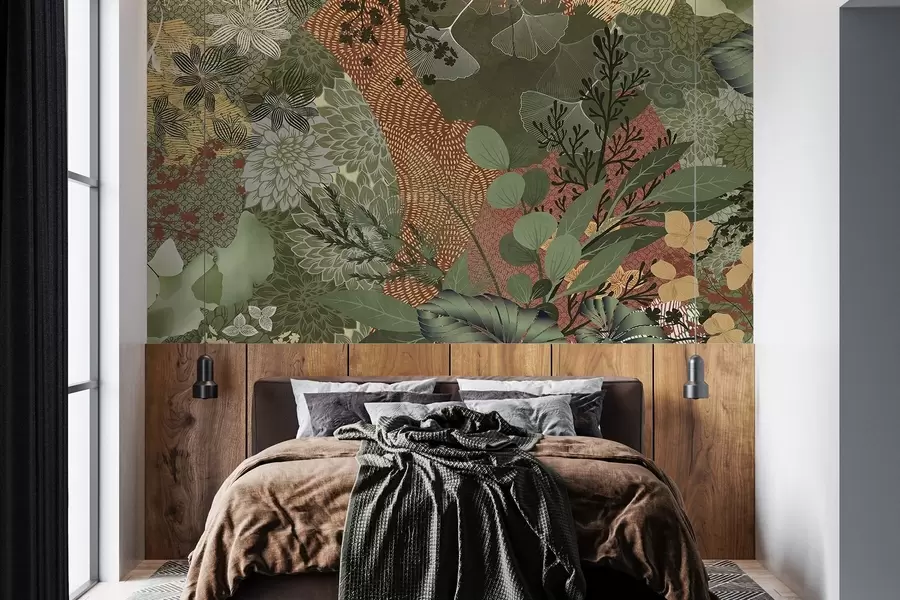wall murals Abstract textured collage of botanical elements with leaves, flowers, and organic textures, in shades of green, brown w09545