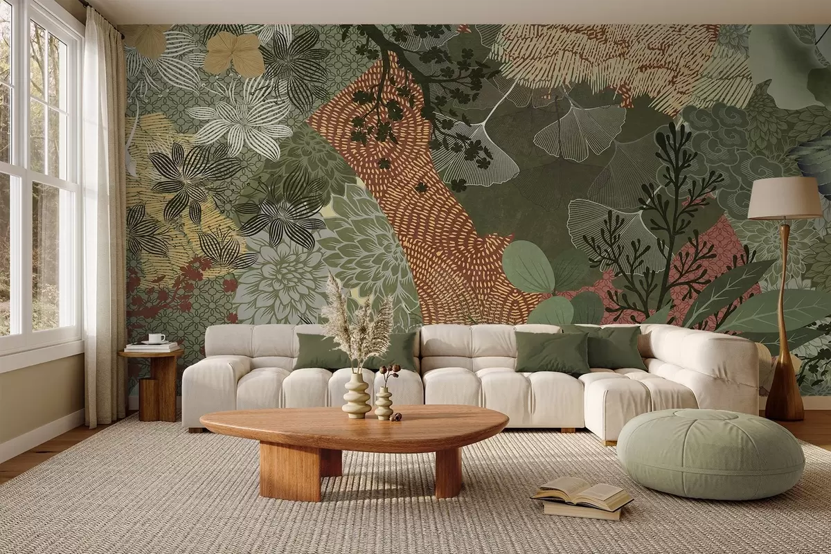 wall murals Abstract textured collage of botanical elements with leaves, flowers, and organic textures, in shades of green, brown w09545