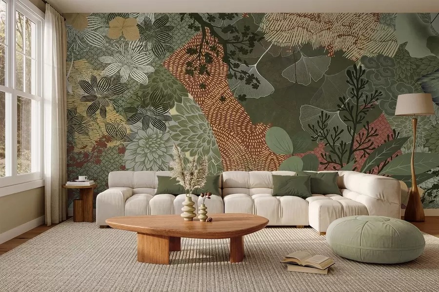 wall murals Abstract textured collage of botanical elements with leaves, flowers, and organic textures, in shades of green, brown w09545