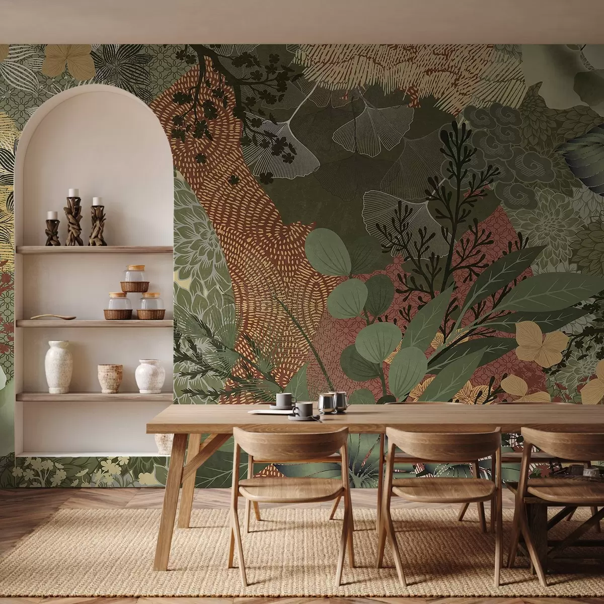 wall murals Abstract textured collage of botanical elements with leaves, flowers, and organic textures, in shades of green, brown w09545