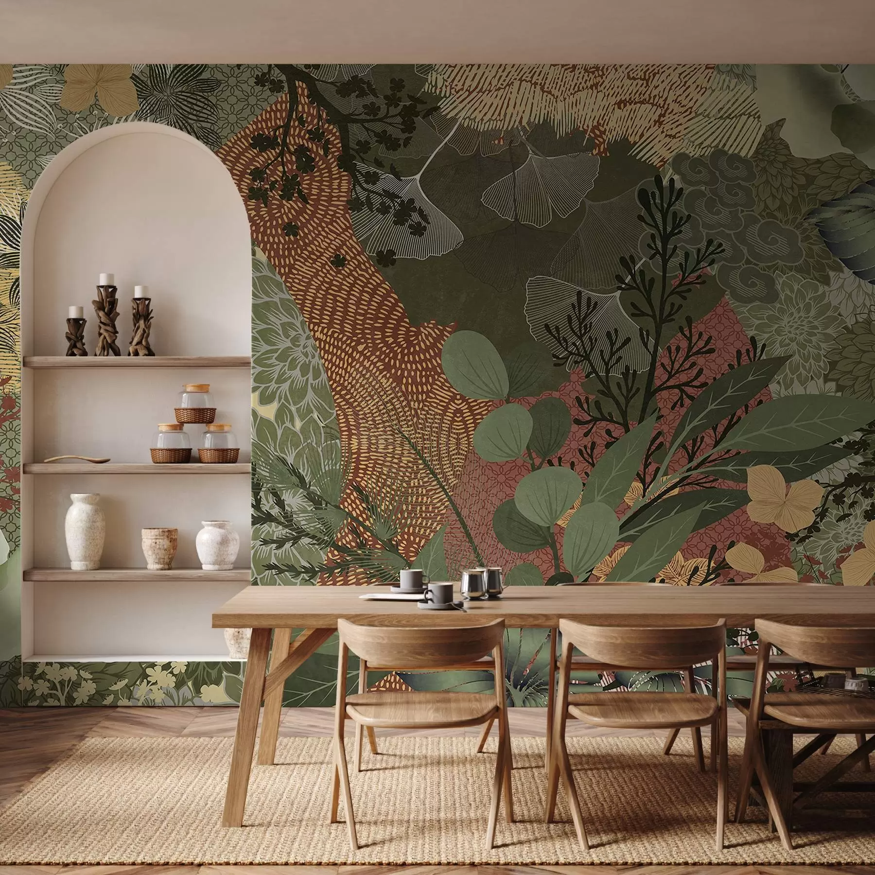 wall murals Abstract textured collage of botanical elements with leaves, flowers, and organic textures, in shades of green, brown w09545
