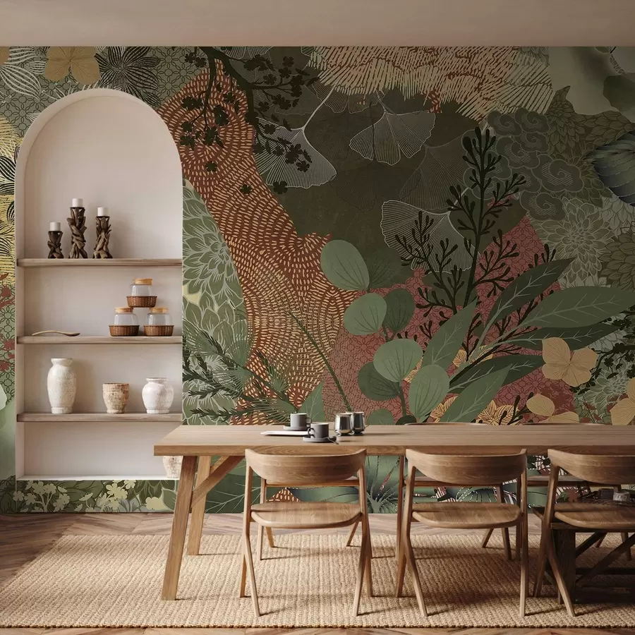 wall murals Abstract textured collage of botanical elements with leaves, flowers, and organic textures, in shades of green, brown w09545