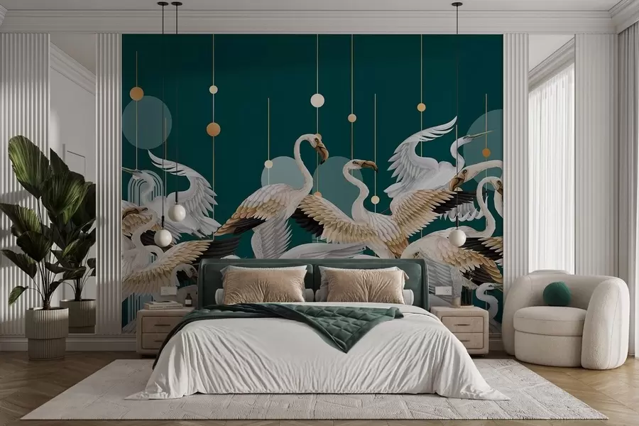wall murals A flock of white flamingos with delicate wings, against a dark teal background with yellow lines and circles w09546
