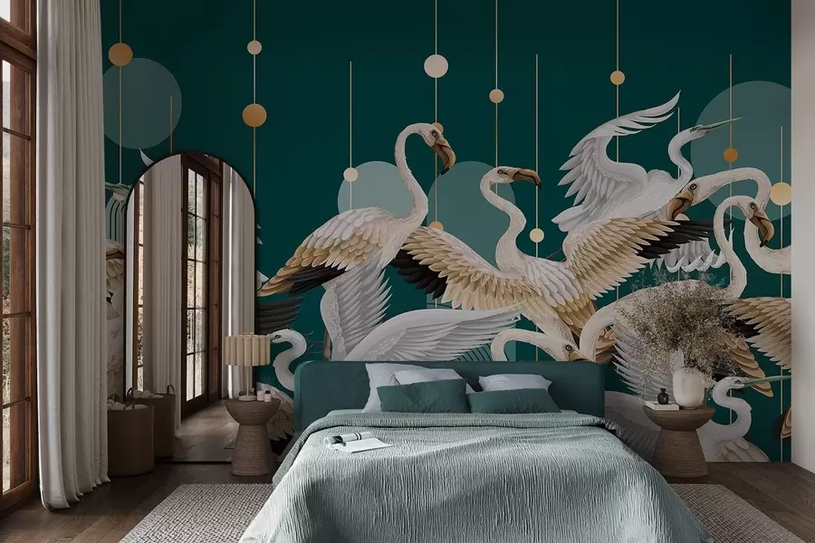 wall murals A flock of white flamingos with delicate wings, against a dark teal background with yellow lines and circles w09546