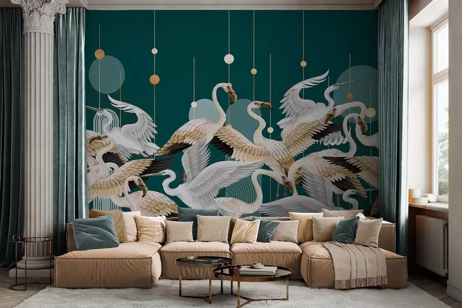 wall murals A flock of white flamingos with delicate wings, against a dark teal background with yellow lines and circles w09546