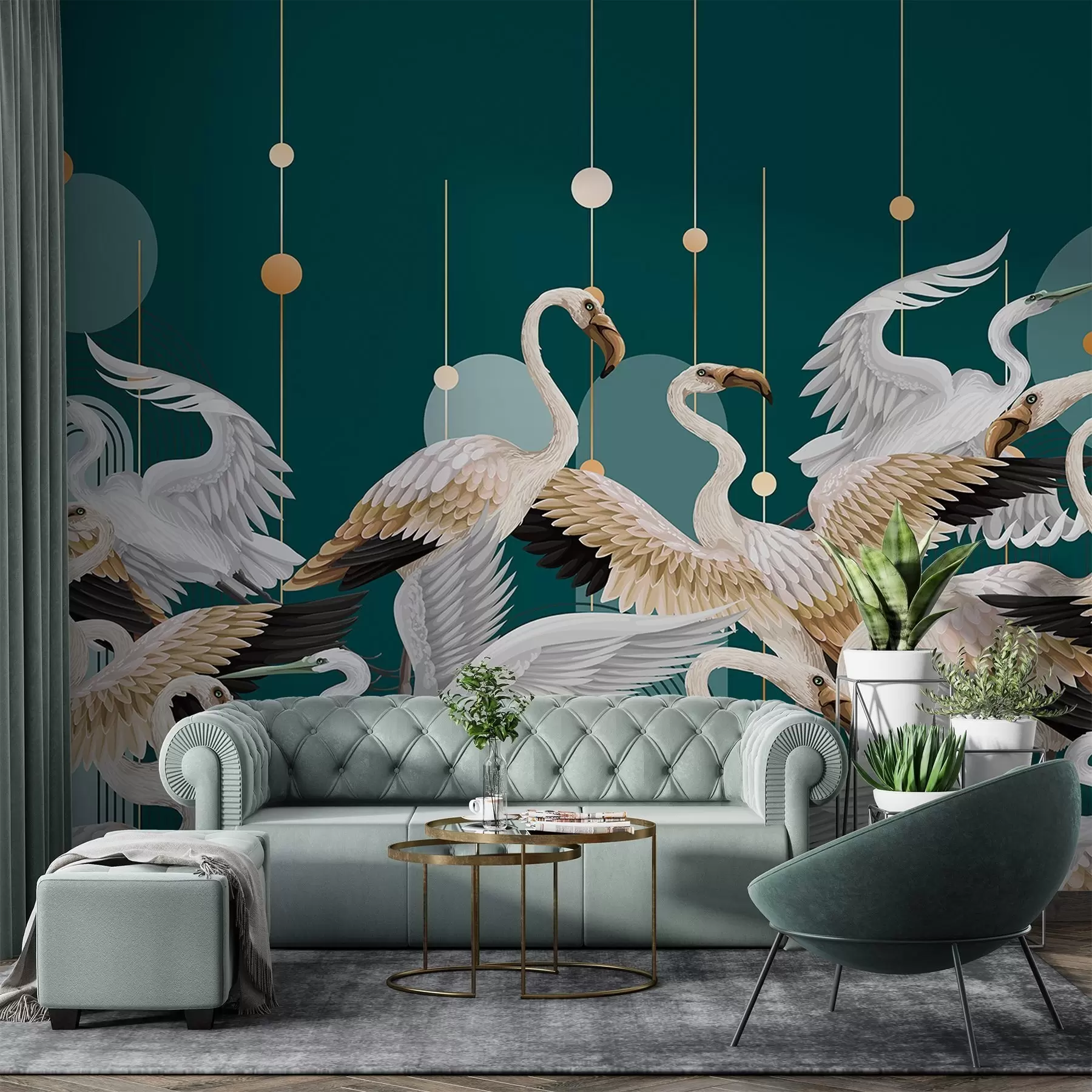 wall murals A flock of white flamingos with delicate wings, against a dark teal background with yellow lines and circles w09546