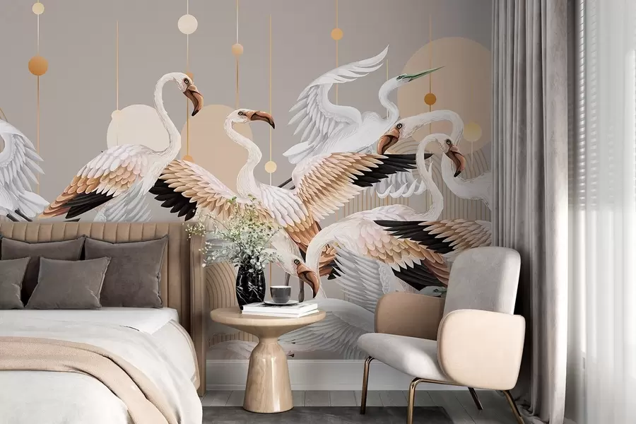 wall murals A flock of white flamingos with delicate wings, against a neutral background with yellow lines and circles w09546v1