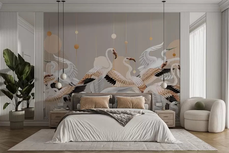 wall murals A flock of white flamingos with delicate wings, against a neutral background with yellow lines and circles w09546v1