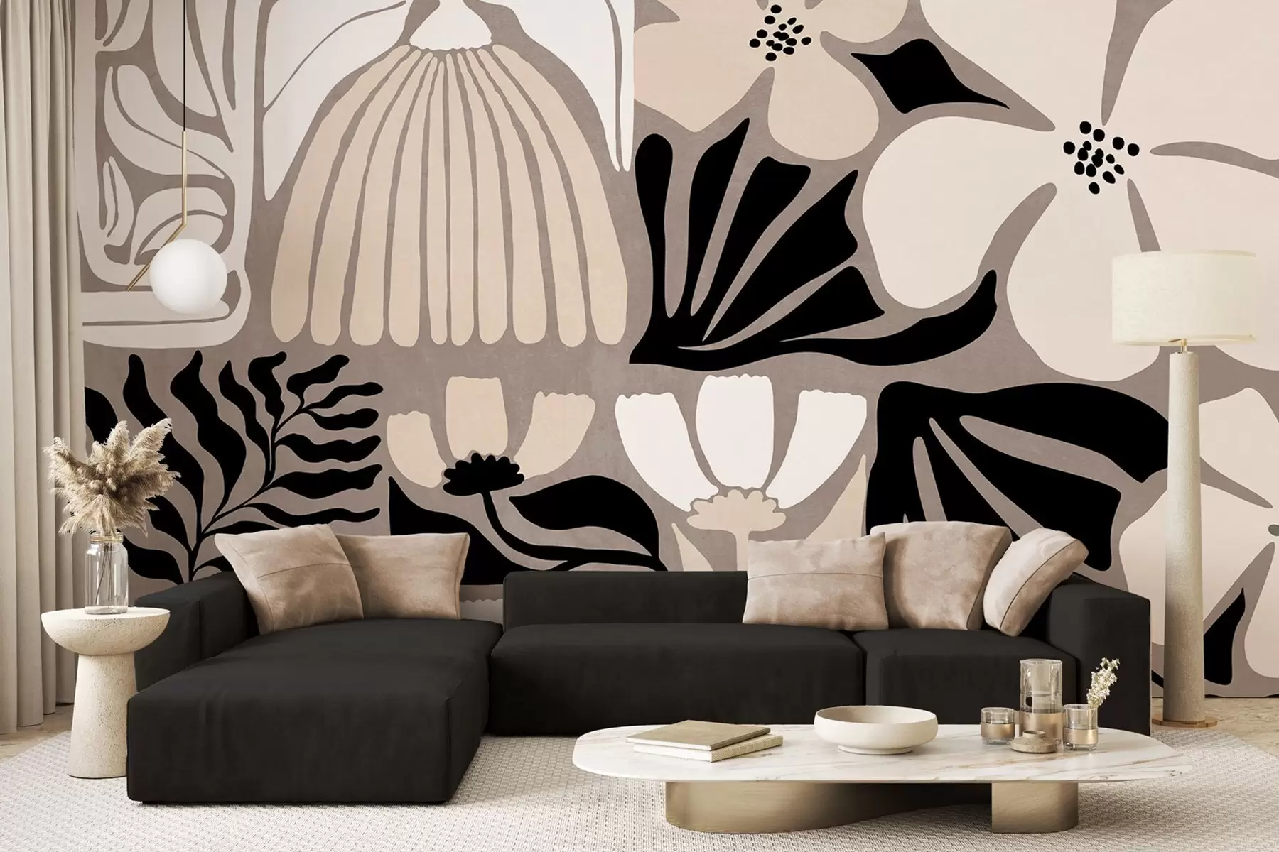 wall murals Modern minimalist stylized flowers and leaves in beige, black and white, textured on a gray background w09547