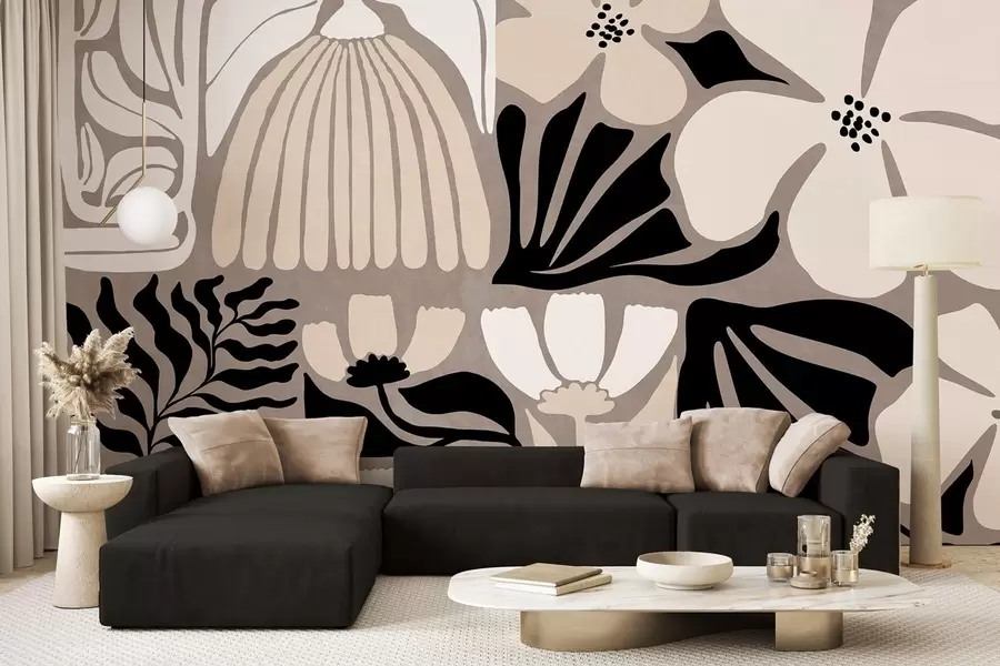 wall murals Modern minimalist stylized flowers and leaves in beige, black and white, textured on a gray background w09547