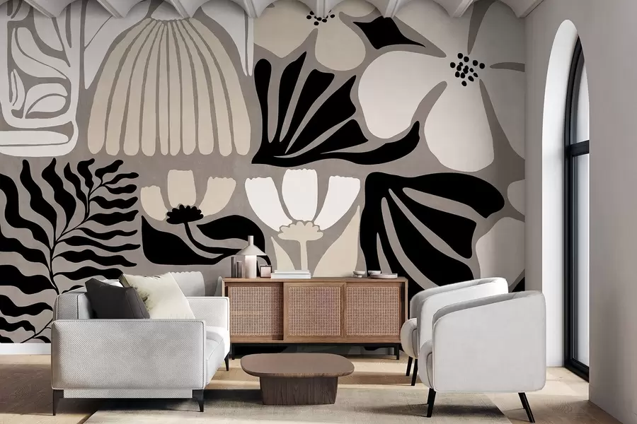 wall murals Modern minimalist stylized flowers and leaves in beige, black and white, textured on a gray background w09547