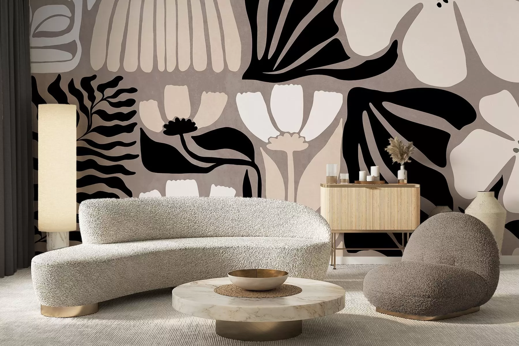 wall murals Modern minimalist stylized flowers and leaves in beige, black and white, textured on a gray background w09547