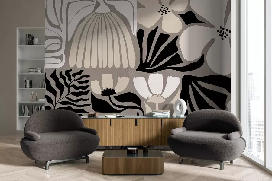 wall murals Modern minimalist stylized flowers and leaves in beige, black and white, textured on a gray background w09547