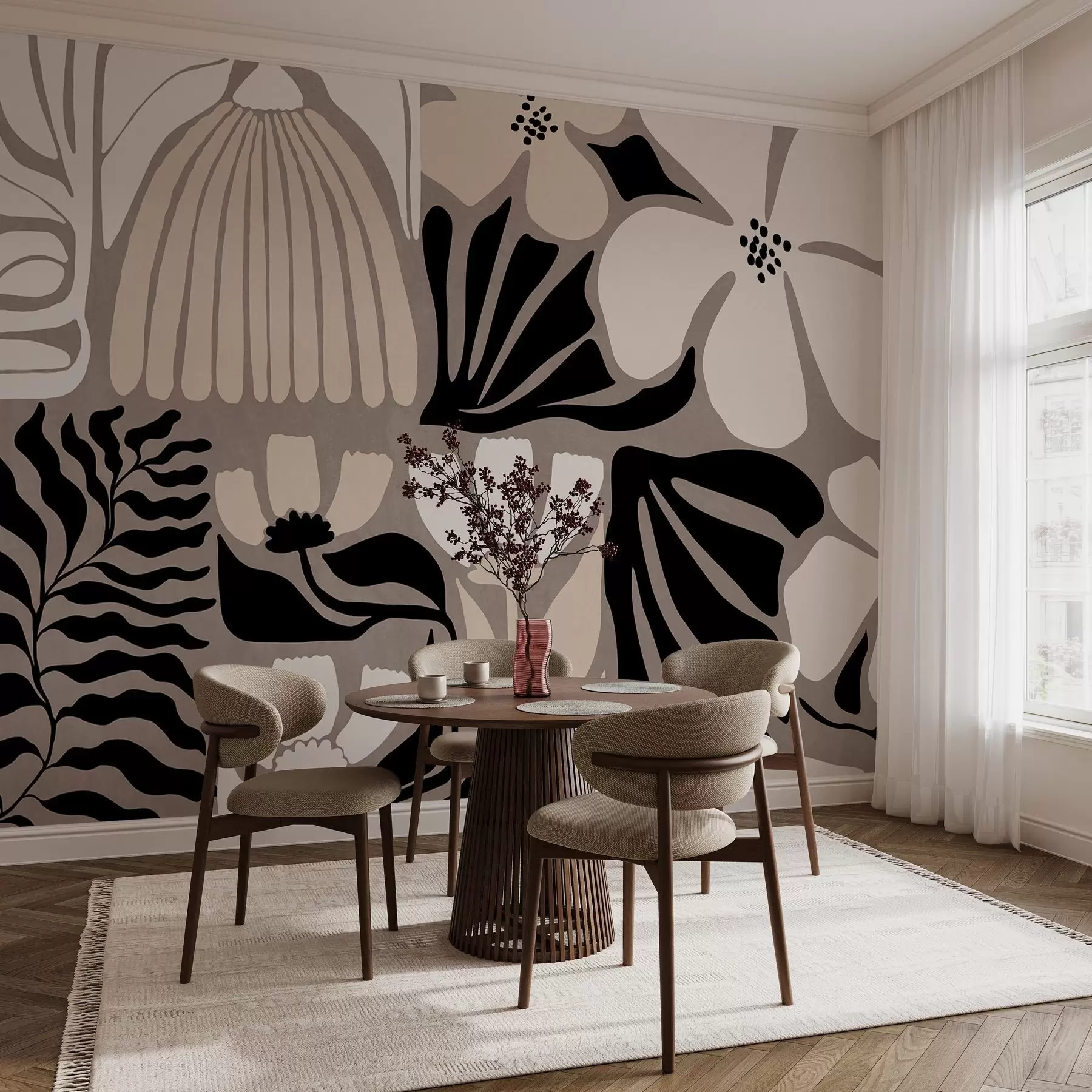 wall murals Modern minimalist stylized flowers and leaves in beige, black and white, textured on a gray background w09547