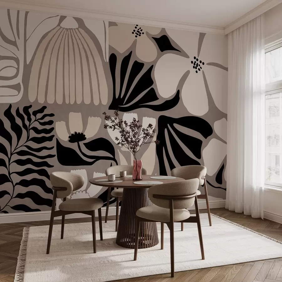 wall murals Modern minimalist stylized flowers and leaves in beige, black and white, textured on a gray background w09547