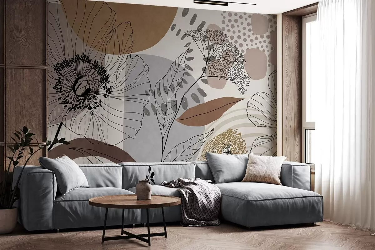 wall murals Abstract floral textured print with line art flowers, leaves and organic shapes in muted brown, beige and gray tones w09548