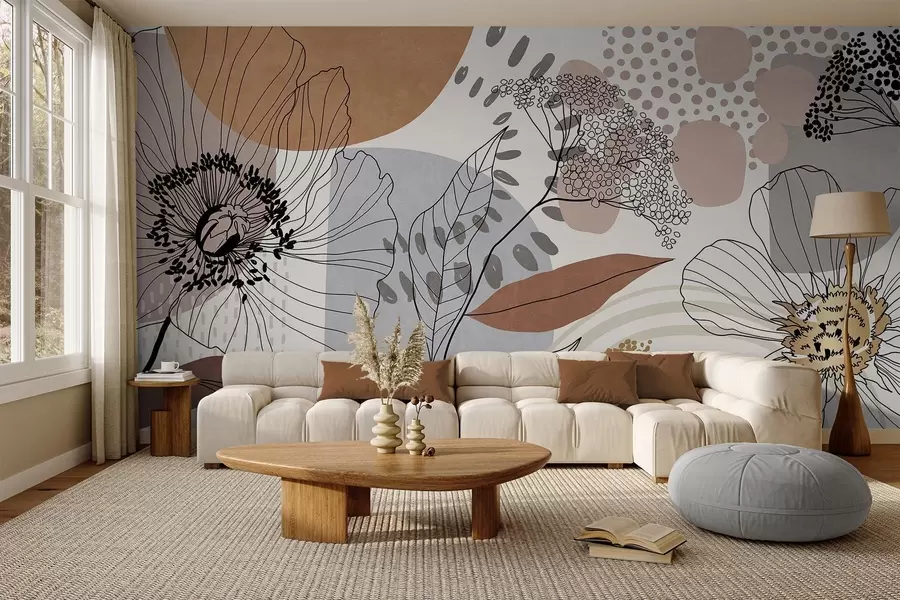 wall murals Abstract floral textured print with line art flowers, leaves and organic shapes in muted brown, beige and gray tones w09548