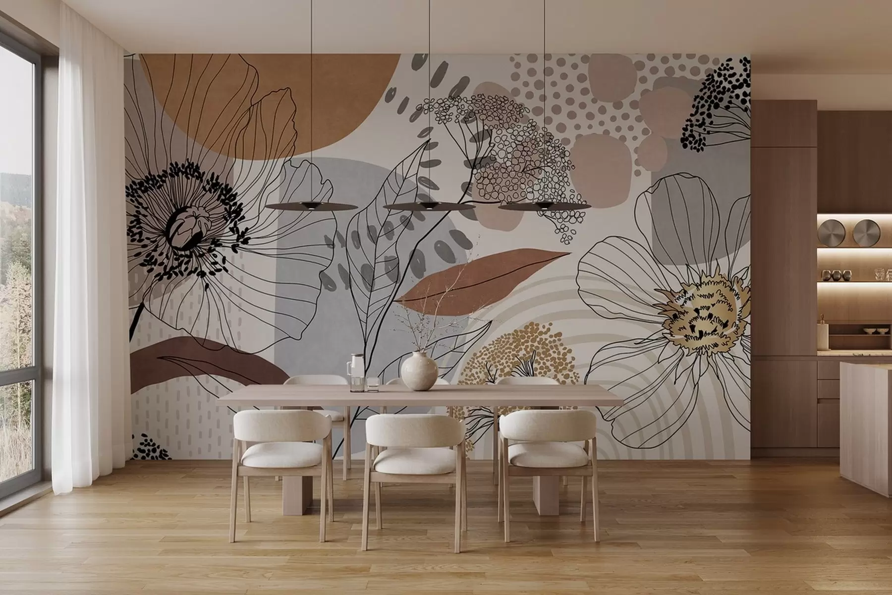 wall murals Abstract floral textured print with line art flowers, leaves and organic shapes in muted brown, beige and gray tones w09548