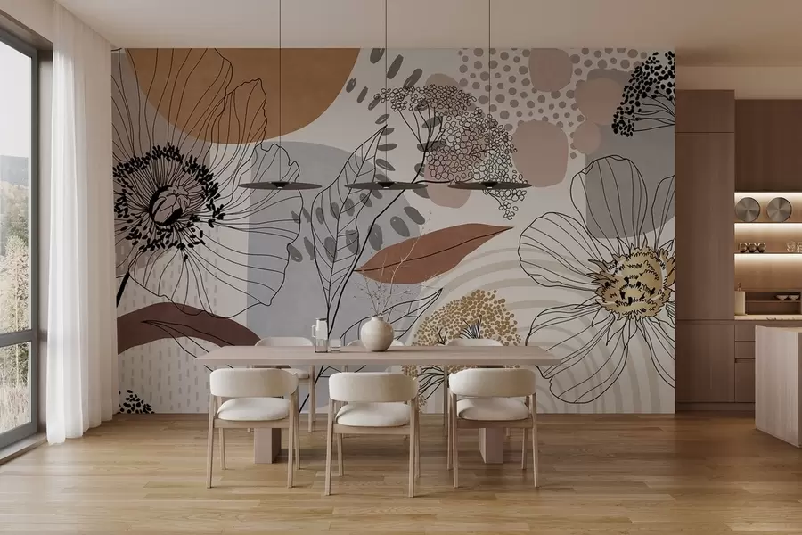wall murals Abstract floral textured print with line art flowers, leaves and organic shapes in muted brown, beige and gray tones w09548