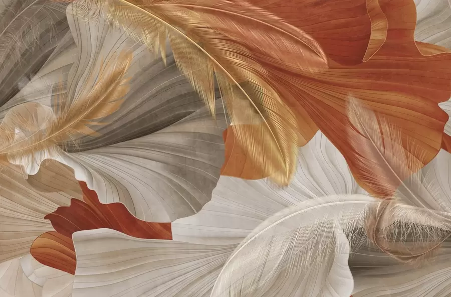 wall murals Abstract textured large flowing shapes in cream and rust colors with delicate, yellow, beige and brown feathers w09549