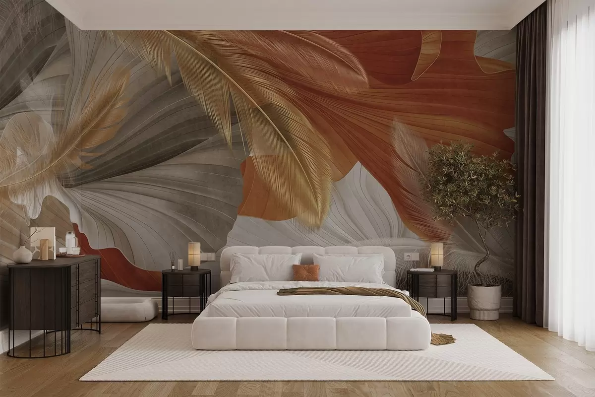 wall murals Abstract textured large flowing shapes in cream and rust colors with delicate, yellow, beige and brown feathers w09549