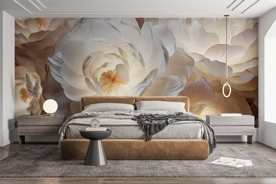 wall murals Large, white fantasy peony flowers with yellow centers, soft lighting, and delicate, textured layered petals w09550