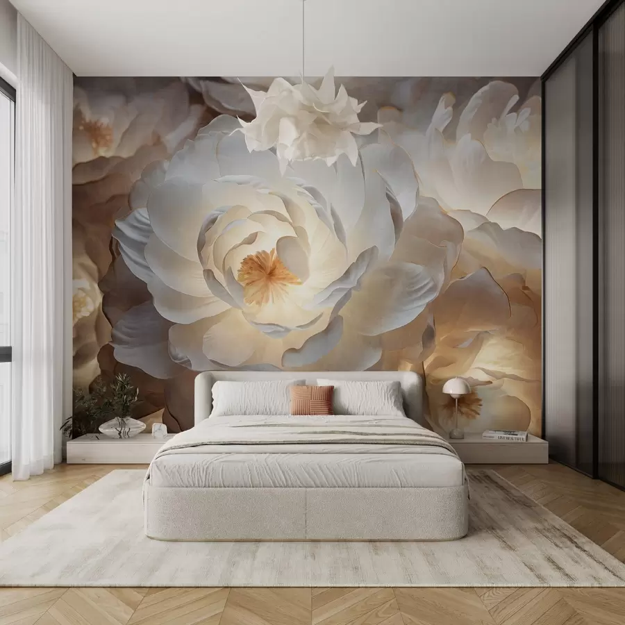 wall murals Large, white fantasy peony flowers with yellow centers, soft lighting, and delicate, textured layered petals w09550